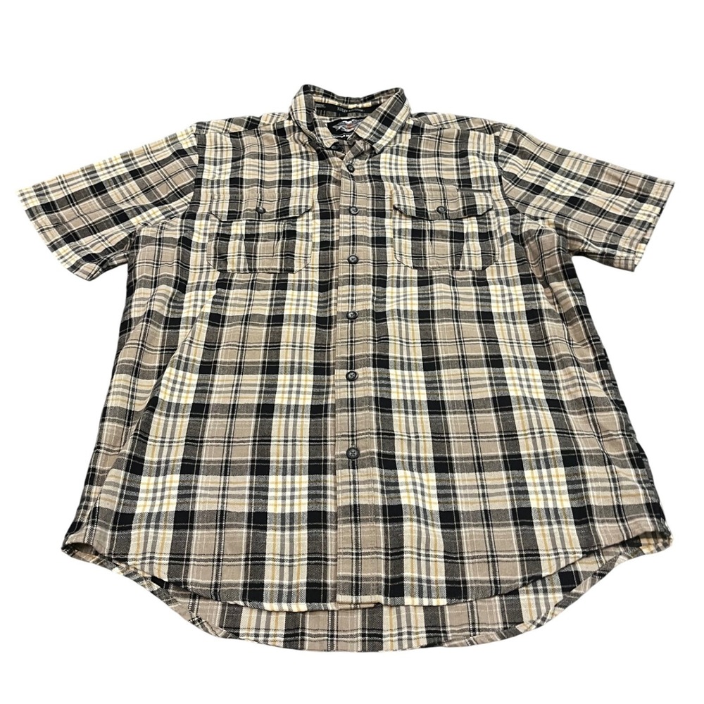 Harley-Davidson Button Up Shirt Mens L/XL Tan Black Plaid Short Sleeve Biker